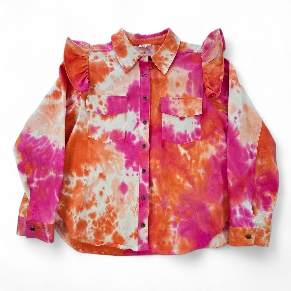 JODIFL Tie Dye Ruffle Shoulder Button Down Cotton Shirt Shacket Women Size S